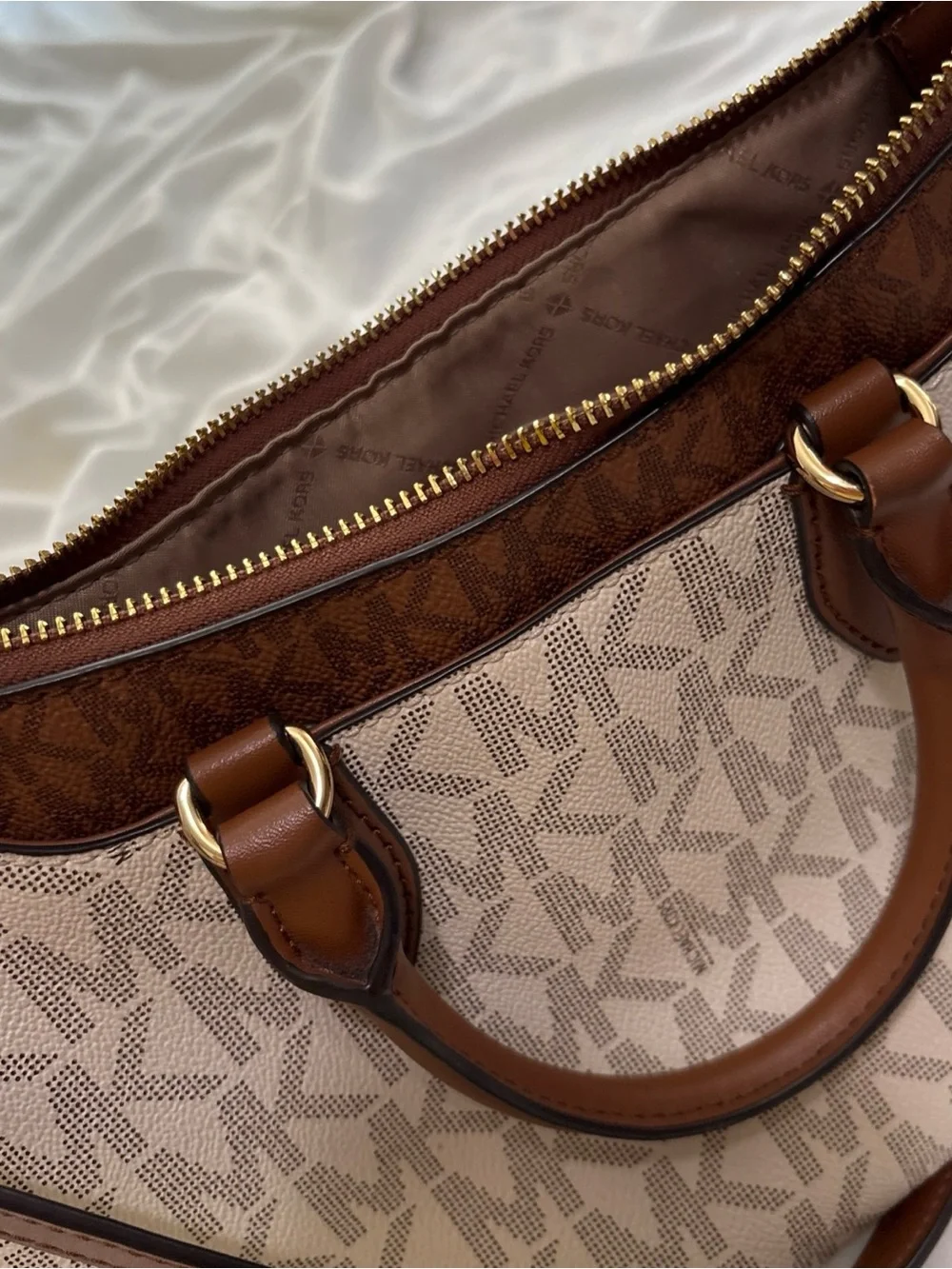 Michael Kors Beige Logo Satchel with Brown Trim and Gold Hardware